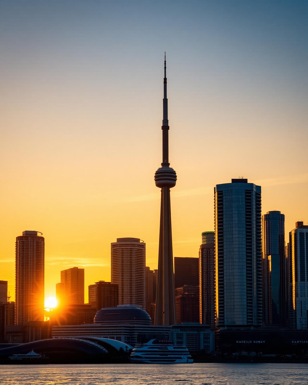 Toronto skyline at golden hour with CN Tower